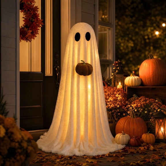 Light Up Fleece Ghost with Pumpkin 3.6ft Halloween Decoration, Warm Glow Floor Standing for Living Room Fireplace Entryway