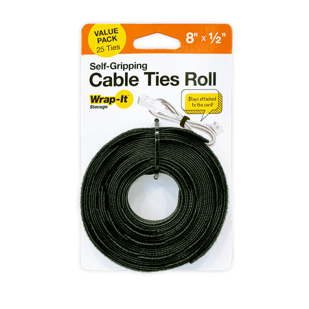 Wrap-It Storage Self-Gripping Cable Ties Roll - 8-inch (25-Pack) Black - Reusable Hook and Loop Ties - Black