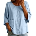 thumbnail image 4 of Tbopshirt Womens Blouses Summer Tops for Women 3/4-length Sleeve Color and Linen Button Fashion Top,Light Blue, 4 of 7
