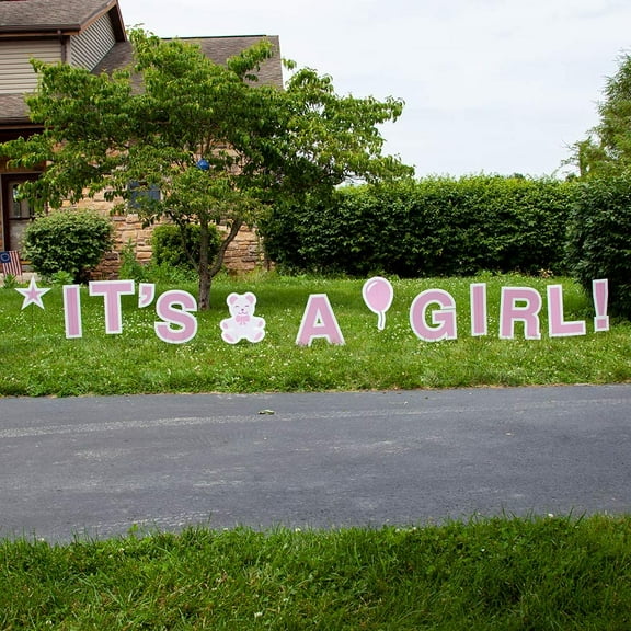  It’S A Girl Pink Yards Sign with Stakes – Each Letter is 18in Tall – Includes Bonus Star, Teddy Bear, and Balloon Signs – Weather-Resistant Signs and Steel Stakes