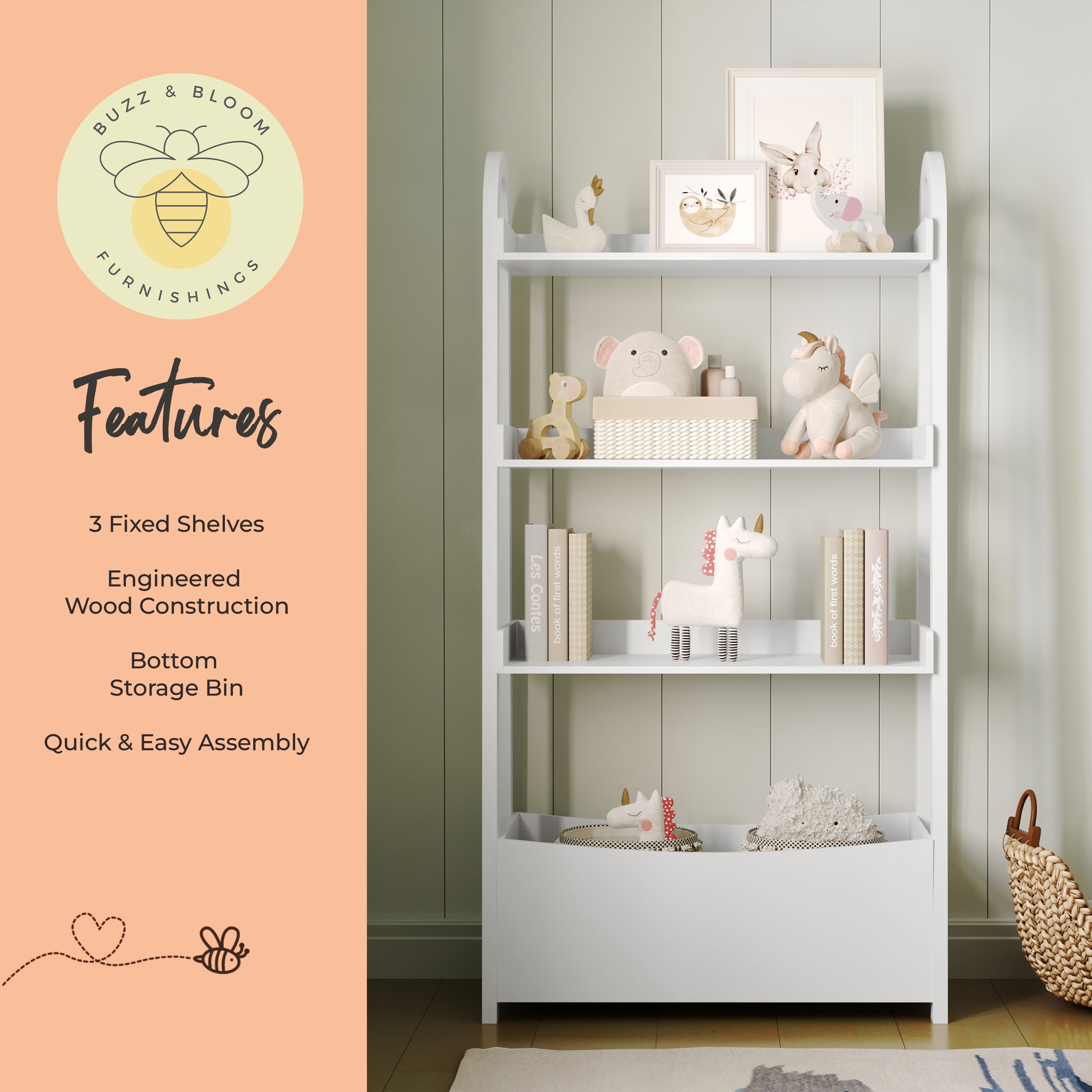 Buzz & Bloom Kids Open-Style Engineered Wood Bookshelf with 3 Shelves and Bottom Storage Bin, White