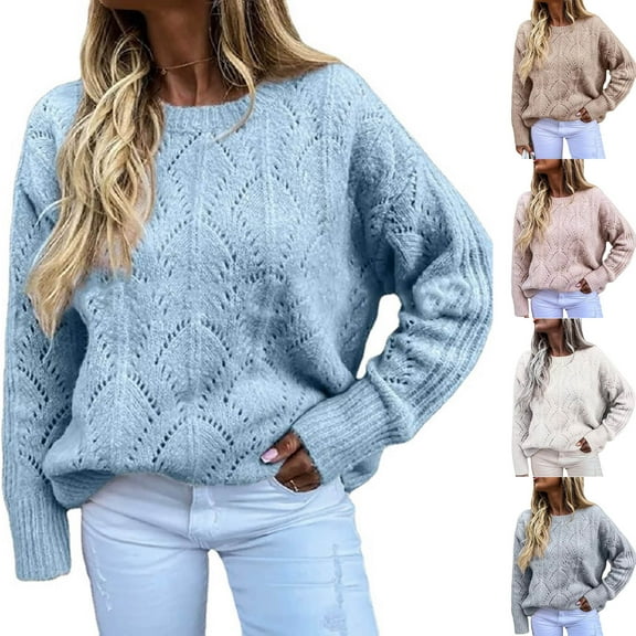 Lovskoo 2024 Sweaters for Women Casual Round Neck Long Sleeved Knitted Pullover Round Neck Sweater Light Blue