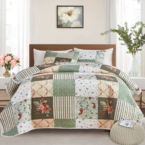 Juego de colcha Flysheep Patchwork Full/Queen Size, 3 piezas, color verde