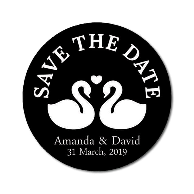 Darling Souvenir Round 45 Pcs Loving Swans Save The Date Stickers Personalized Bride Groom Names And Date Envelope Seals - Black