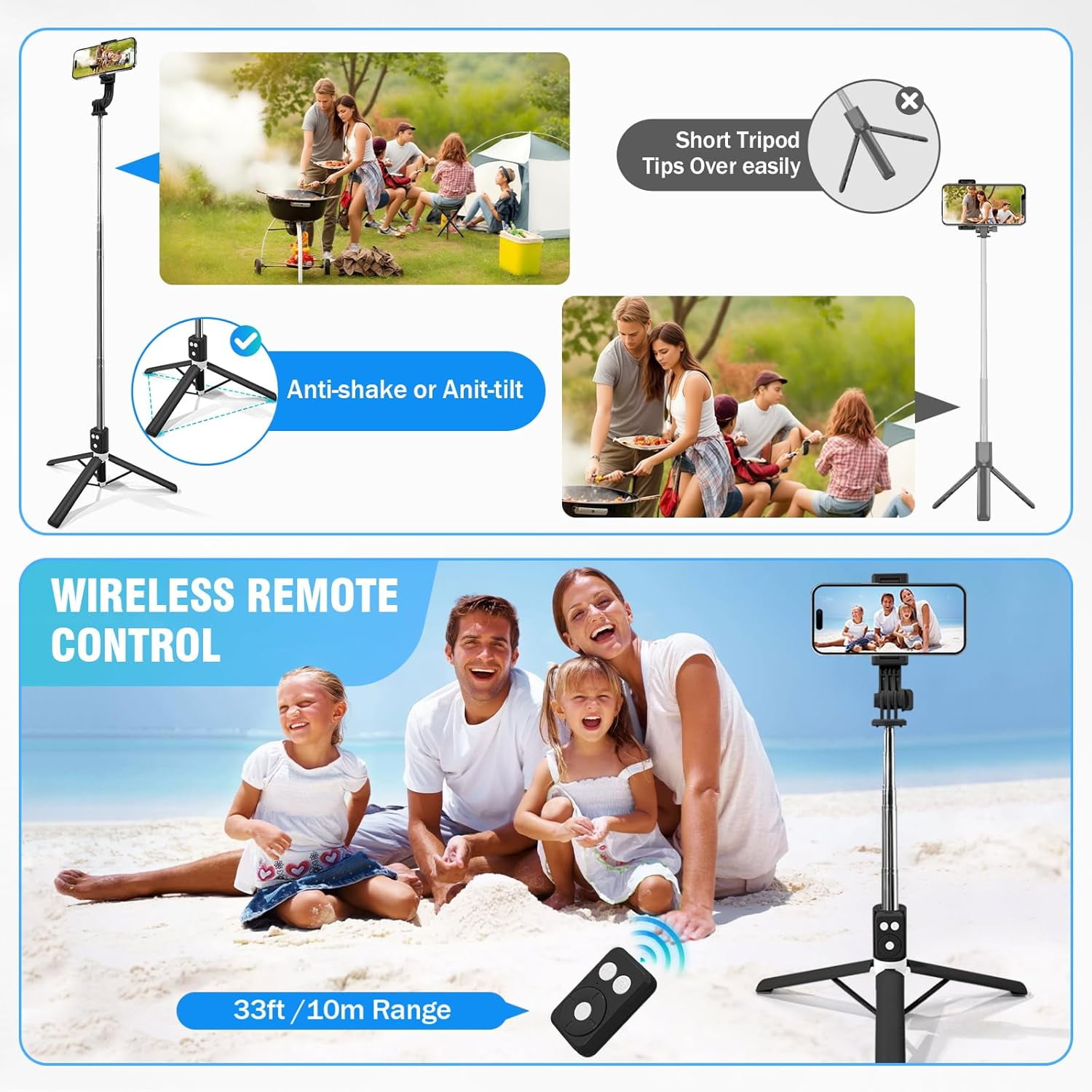 NEOYFC  Selfie Stick Tripod with Wireless Remote, Extendable Adjustable Length, Portable Travel Stand for iPhone 16/15/14/13/12, Samsung Galaxy & Smartphones (Black)