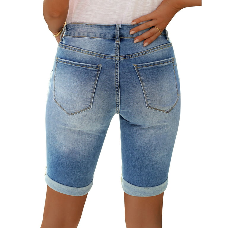 luvamia Women's Casual Ripped Denim Shorts High Rise Stretchy Summer Jean  Shorts Cool Blue Size XL Fit Size 16 Size 18 