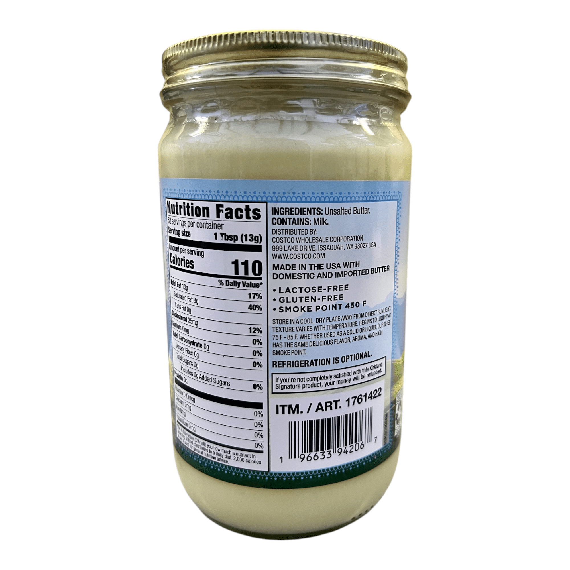 Kirkland Signature Ghee – Clarified Butter, Lactose-Free, Gluten-Free, High Smoke Point (27 oz / 765 g)