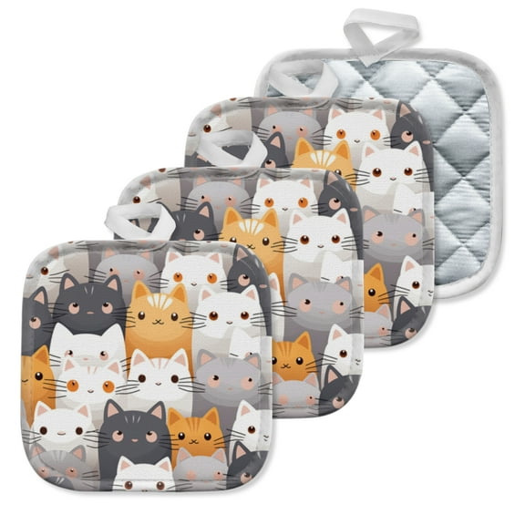 4 Pack Pot Holders,Kitchen Essential, Potholder Set,Cute Cat Heads Pattern In Multiple Colors
