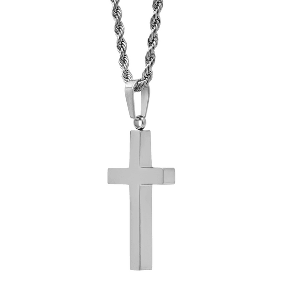 White Cubic Zirconia Stainless Steel Reversible Cross Pendant, 24"