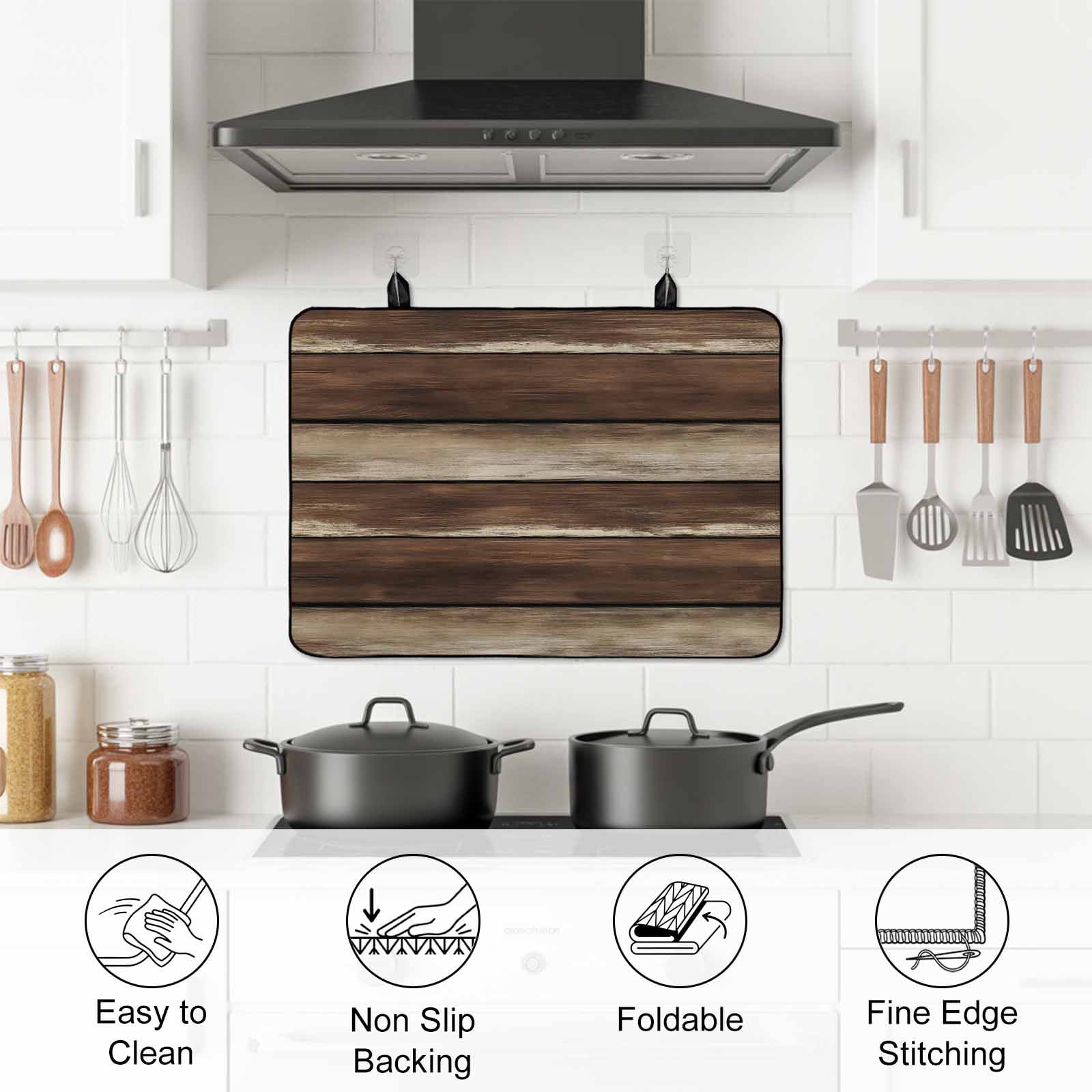 Brown Wooden Stove Top Cover for Electric Stove, Heat-proof & Non Slip Glass Top Stove Cover Protector, Vintage Farmhouse Retro Art Kitchen Flat Cooktop Rubber Mat 24x21 Inches