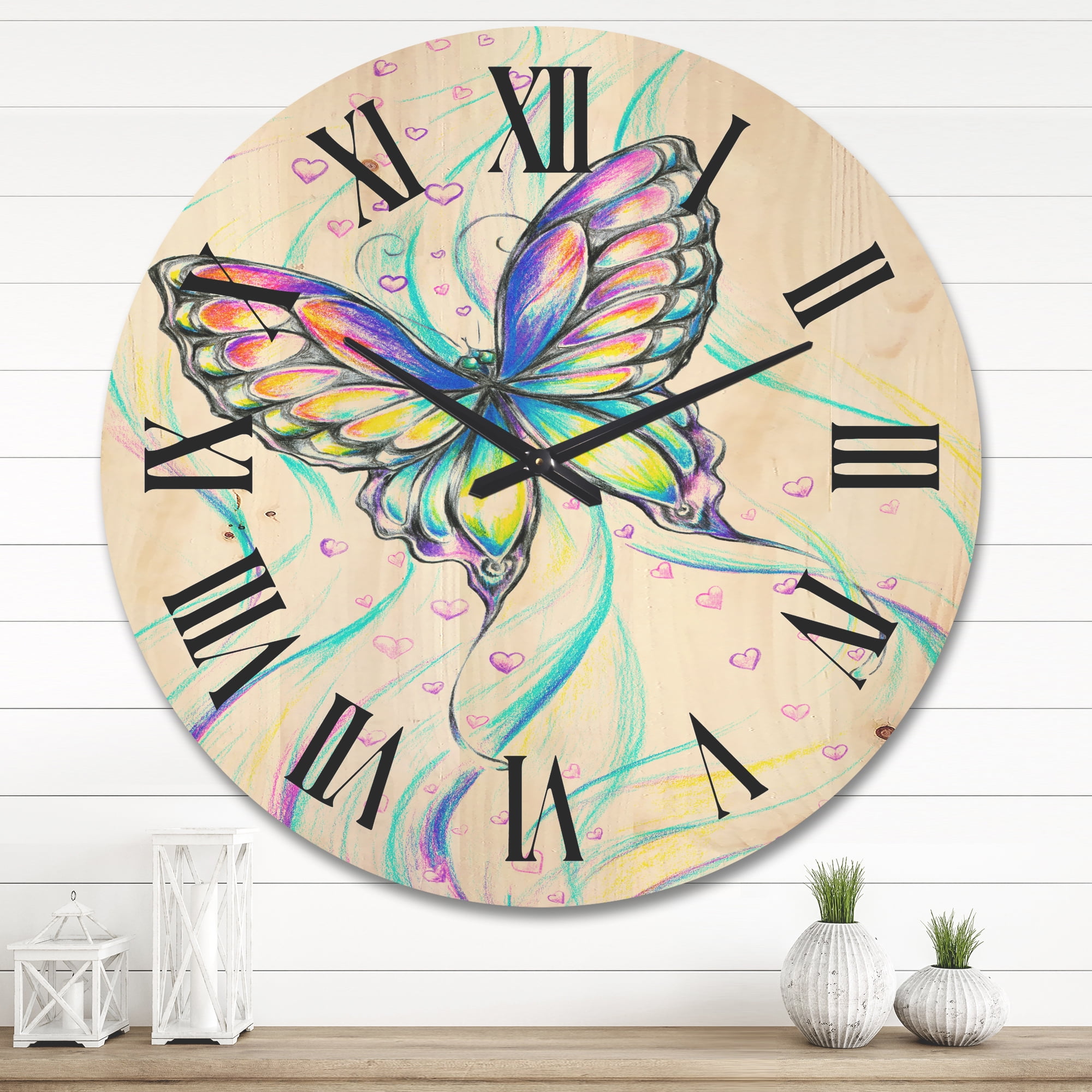 Designart 'Iridiscent Colorful Butterfly' Traditional Wood Wall Clock