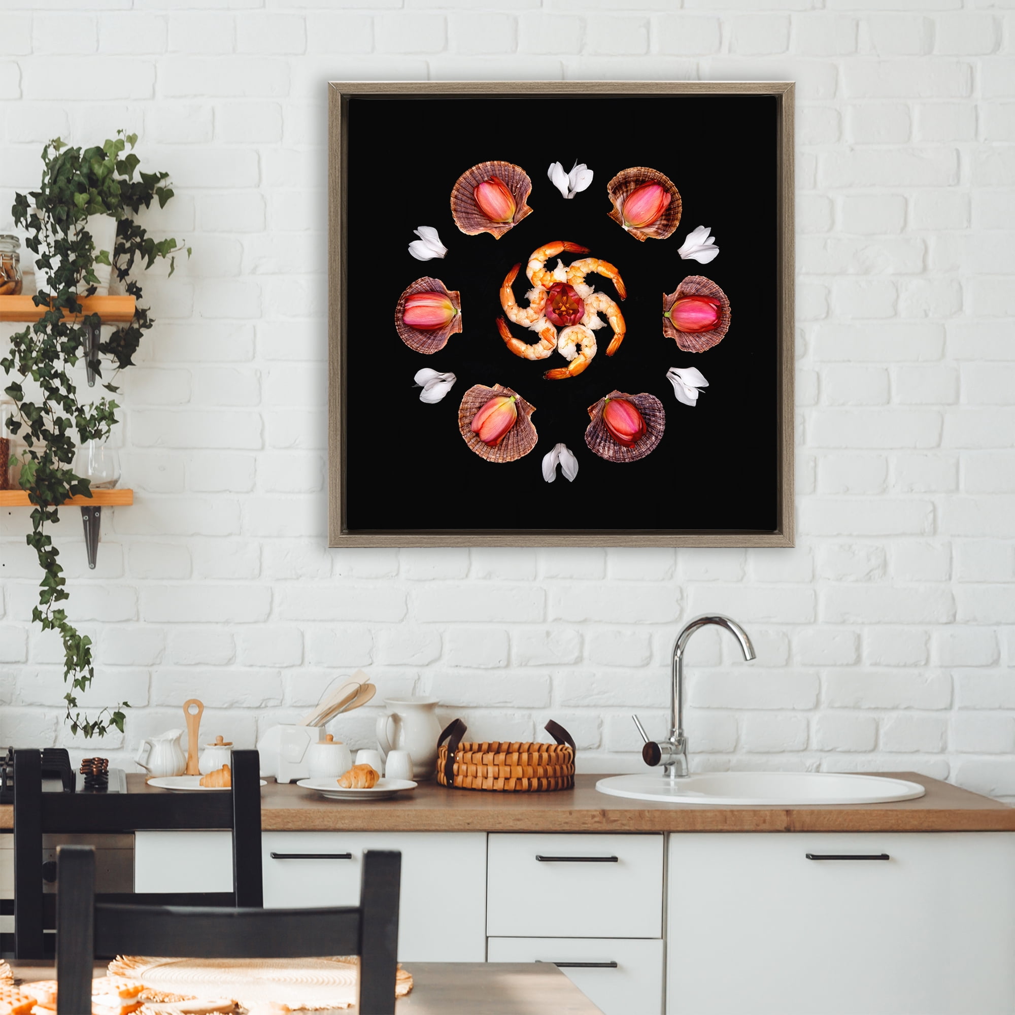 Stupell Industries Seashells & Tulips Symmetry Brown Framed Floater Canvas Wall Art, design by Beth Adoette
