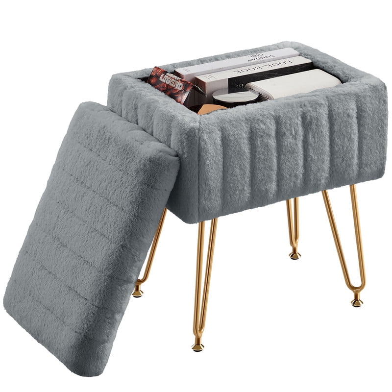 Gianna Square Ottoman with Storage, Makeup Cute Soft Small Footstool, Modern Style Faux Fur Seat with 4 Metal Legs & Adjustable Feet for Dressing, Living Room Bedroom Dorm, Gray