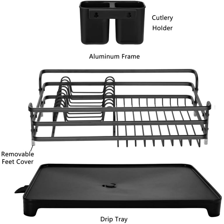 HBlife Aluminum Dish Drying Rack, Never Rust Sink Dish Drying Rack with Utensil Holder, Removable Plastic Drainer Tray with Adjustable Swivel Spout (