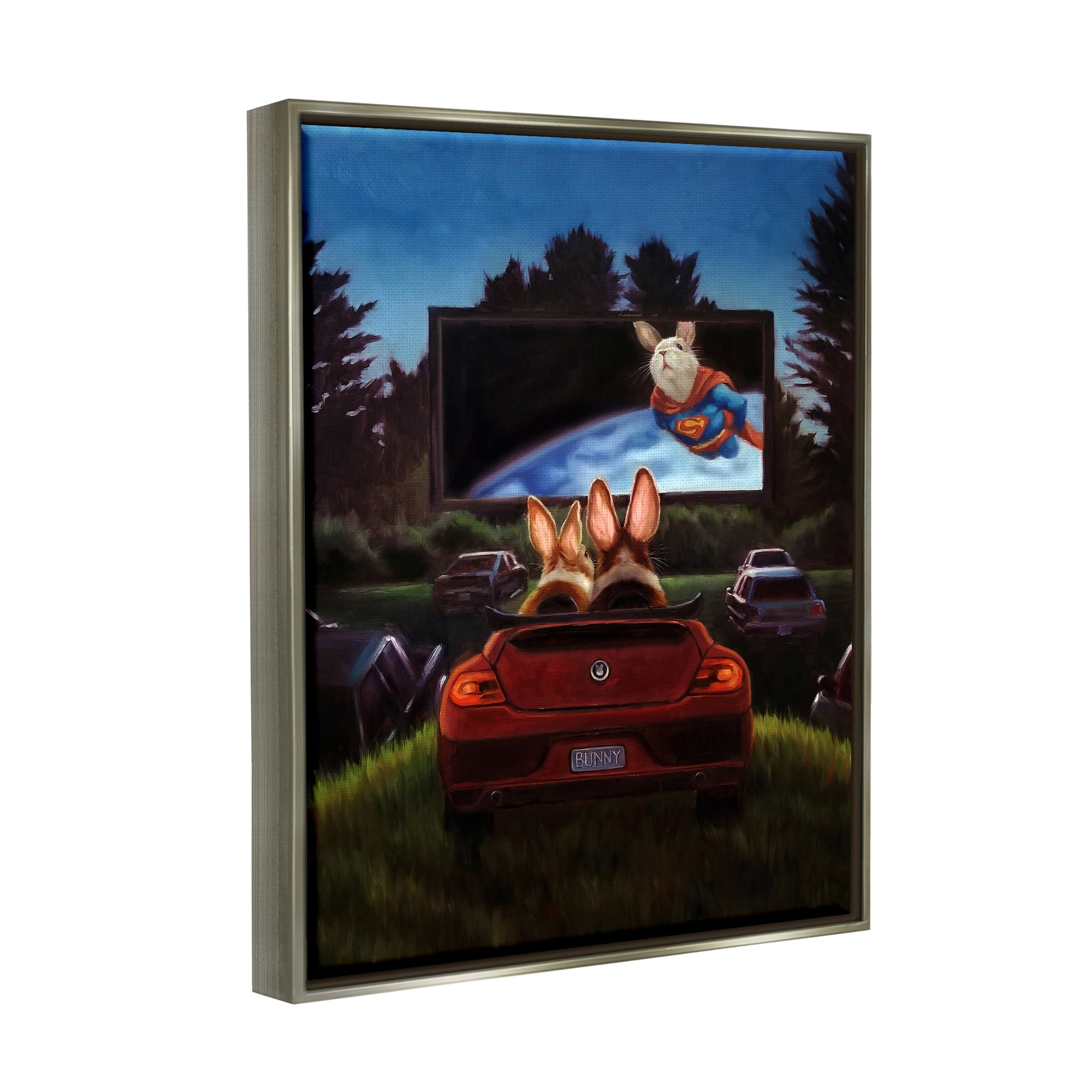 Stupell Industries Romantic Bunny Couple Drive-In Movie Date Animals Painting Luster Gray Floating Framed Canvas Print Wall Art, Design by Lucia Heffernan