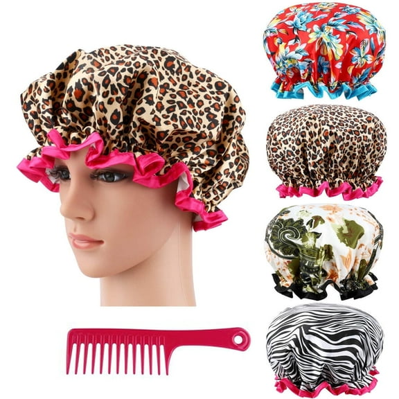 YDHT Reusable Shower Cap, Reusuable 4 Pack Waterproof Double Layer Bath Cap with 1 Detangling Comb