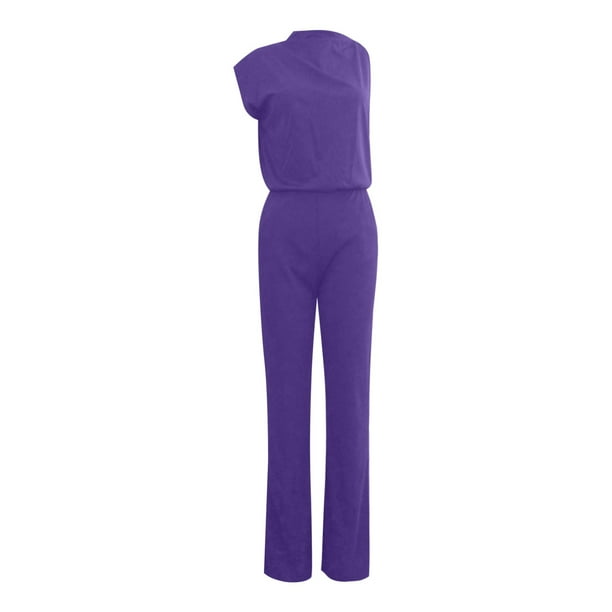 Mono de mujer de color liso con pantalón recto - Poliéster y spandex, tirantes finos, pierna ancha, diseño holgado informal.