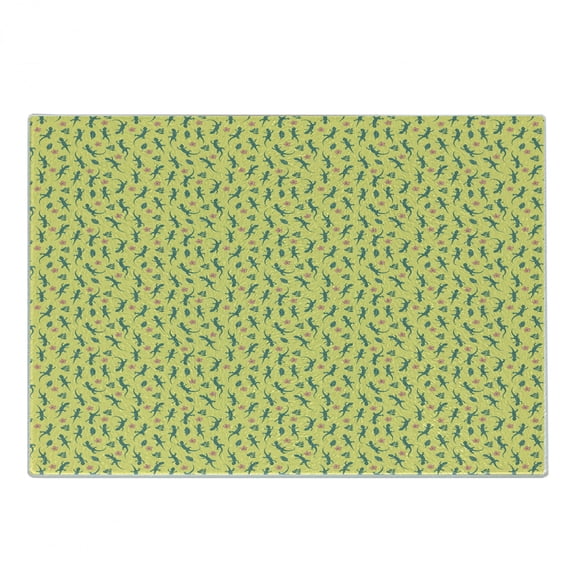 Salamander Cutting Board, Continuous Minimalist Pattern of Hawaiian Flowers and Reptiles, Decorative Tempered Glass Cutting and Serving Board, in 3 Sizes, by Ambesonne
