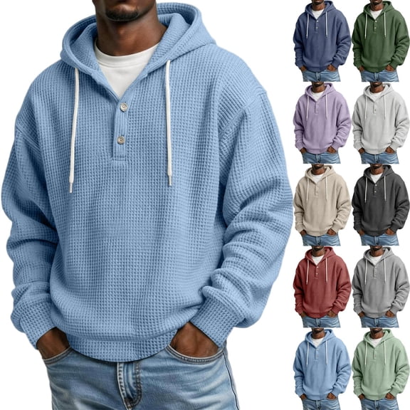 Men's Hoodies Pullover Waffle Knit Button Hooded Sweatshirts Drawstring Loose Fit Athletic Workout Plain Shirts