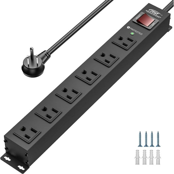 6 Outlet Heavy Duty Power Strip with Switch 15A/1875W Metal Mountable Power Strip Sur Protector 2100Joules Wide Spaced Power Bar for Gara Worshop Home School 6 FT Cord
