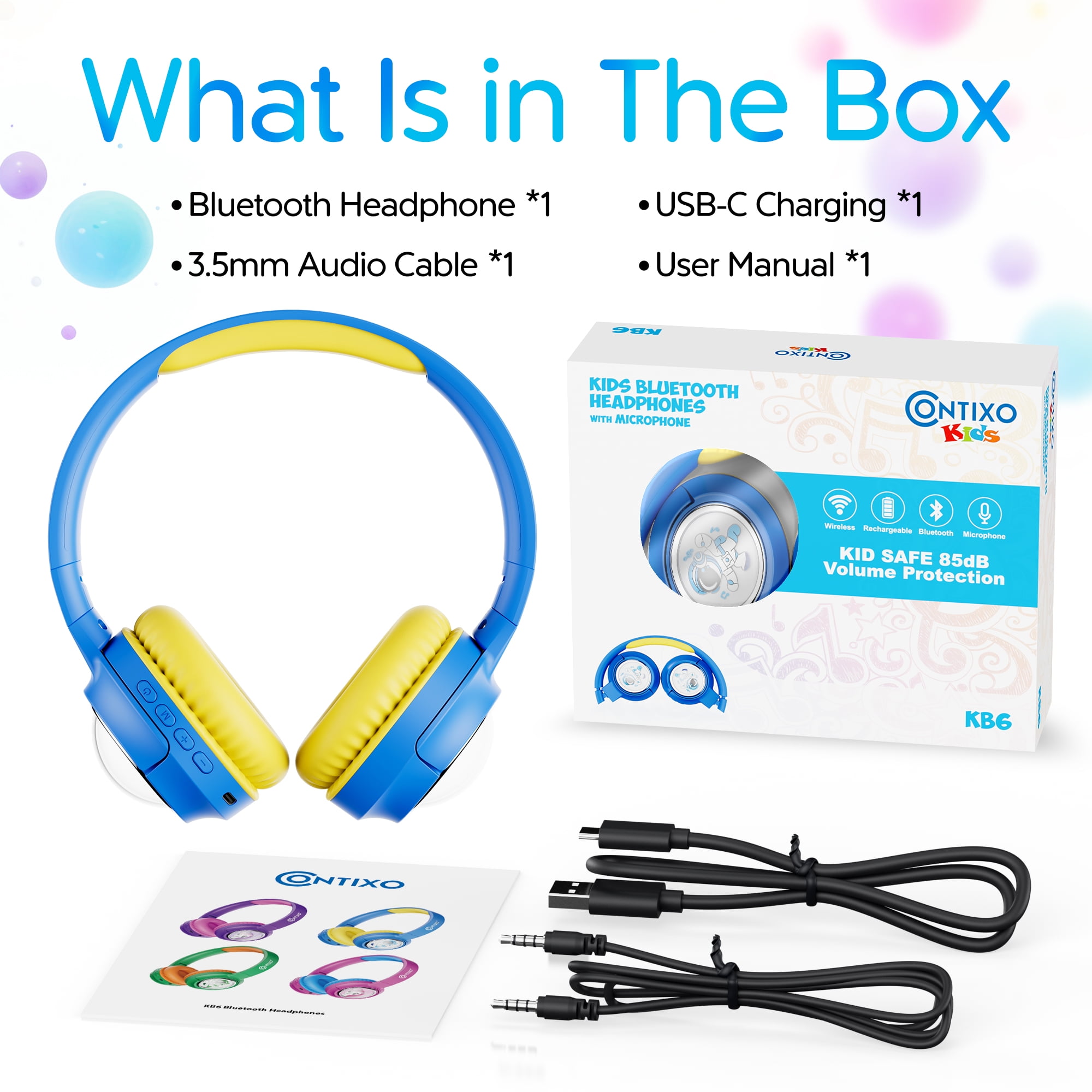Contixo Foldable Kids Headphones with Microphone, Noise-Limiting Bluetooth Headphones, Blue
