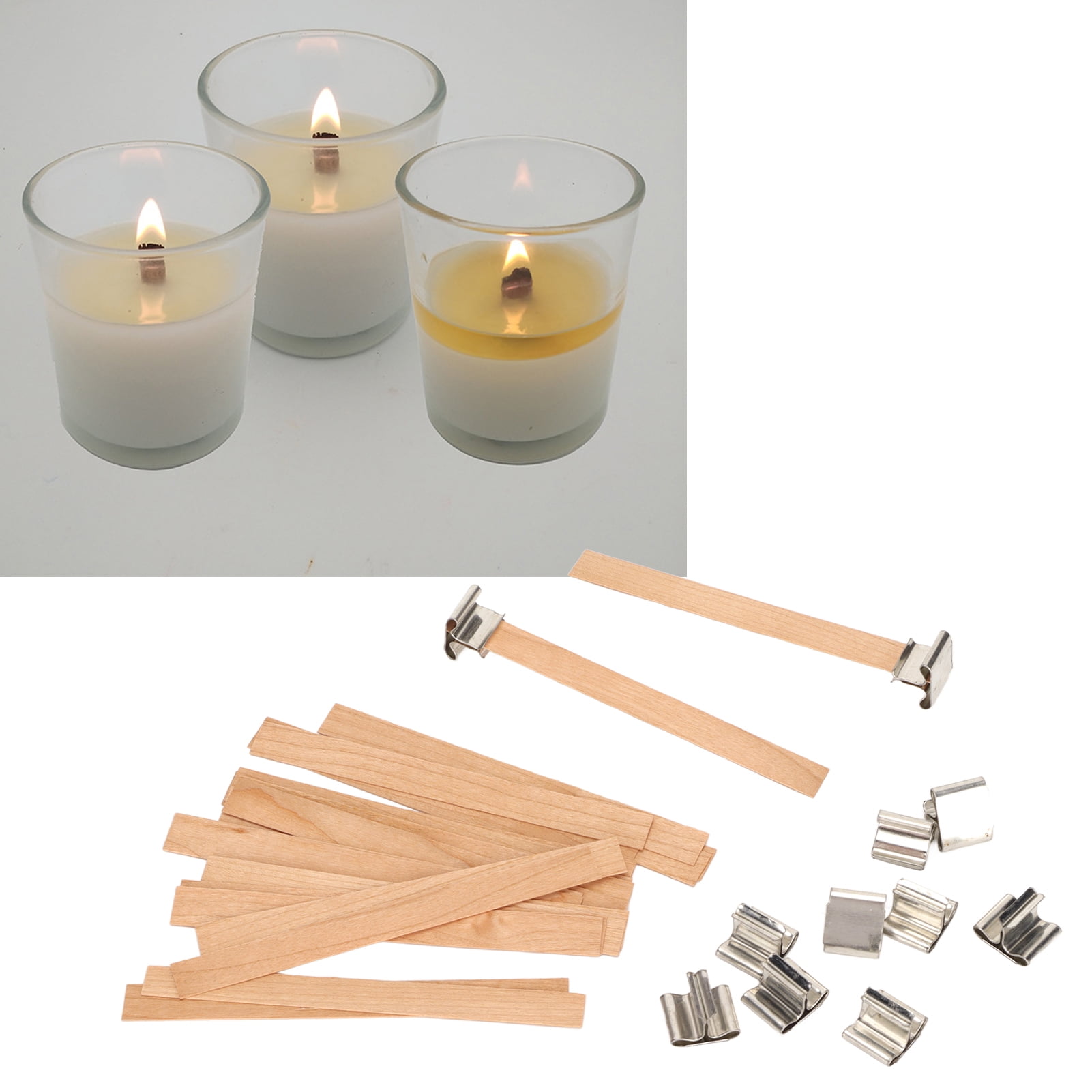 60pcs Candle Wicks Wooden Natural Wood Cores with Iron Stand Sustainer Wood  Wicks for Candle Making (