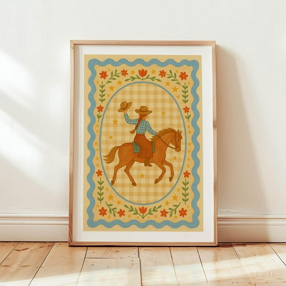 Cowgirl Nursery Wall Art Print Western Horseback Riding Artwork For Girls Room Rustic Rodeo Kids Room Decor Floral Folk Art Wall Art, Modern Wall Decor, 8x12 UNFRAMED