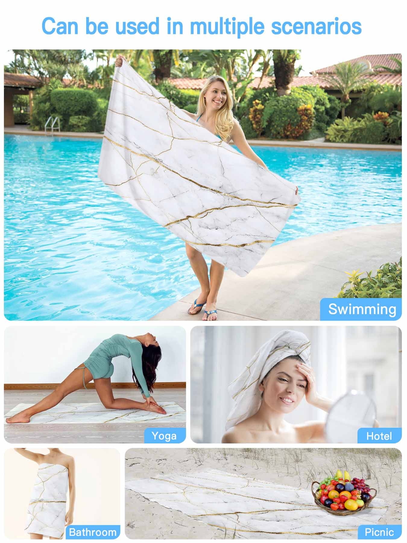 Gray White Gold Marble Texture Beach Towels Blanket Soft & Absorbent Quick Dry Microfiber Abstract Lines Pool Towels for Swimming ,Yoga, Sports, Gym, Camping,Large 30X60in,