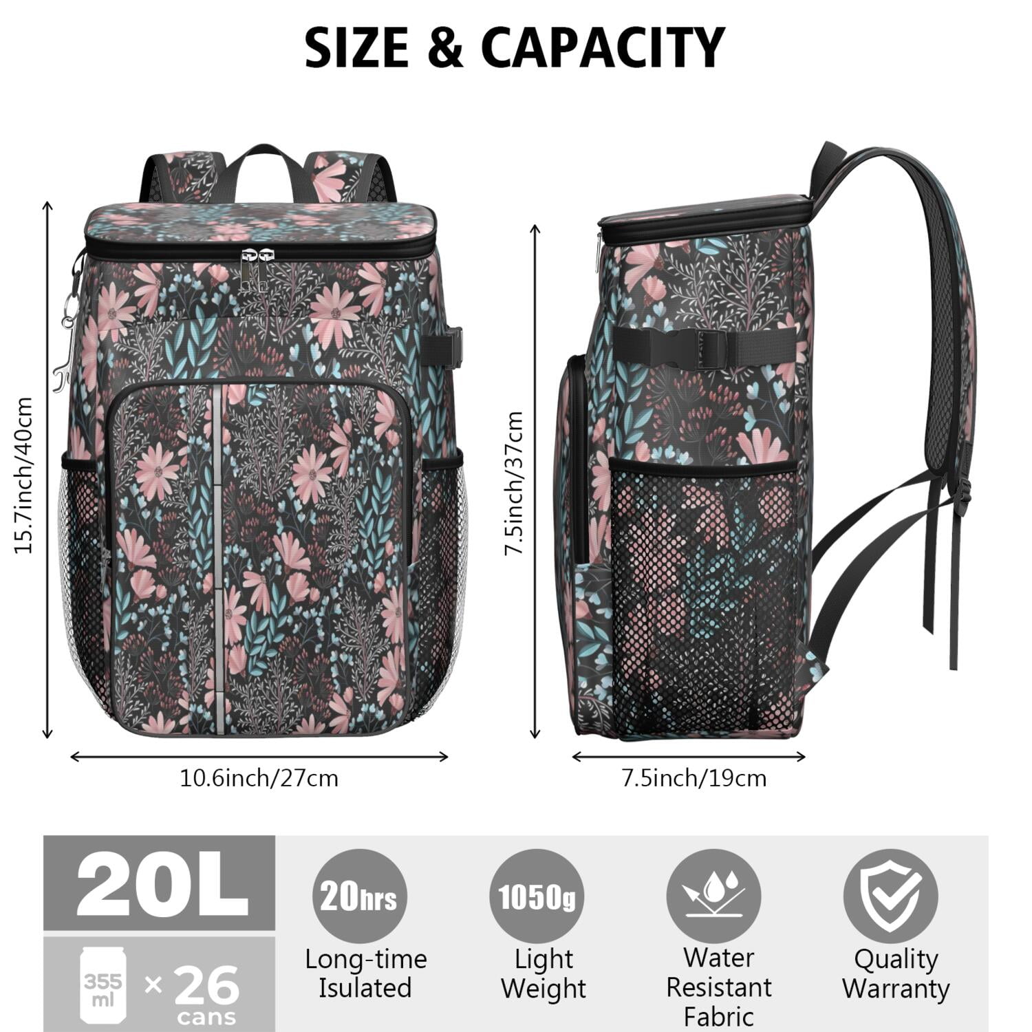 Travel Cooler Bag - Pioneer Flower Floral Print Pattern Camping Beer Cooler Backpack with Bottle Opener- Waterproof Insulated Picnic Backpacks - Cooler Bag for Beach