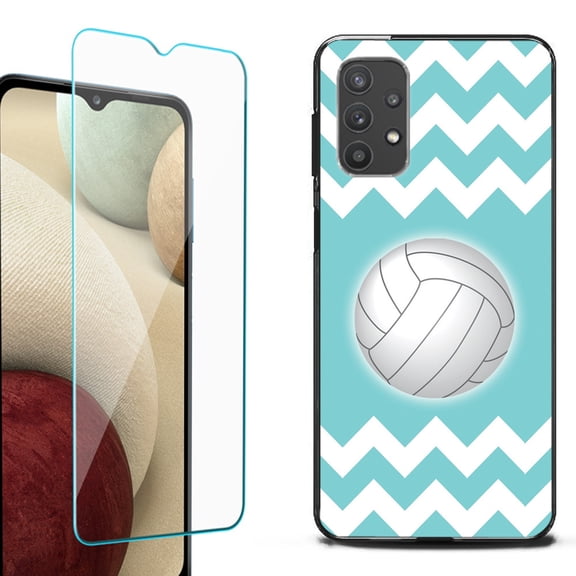 Slim-Fit Flexible TPU Gel Phone Case (black) for Samsung Galaxy A32 5G, with Tempered Glass Screen Protector, by OneToughShield ® - Chevron/Teal/Volleyball