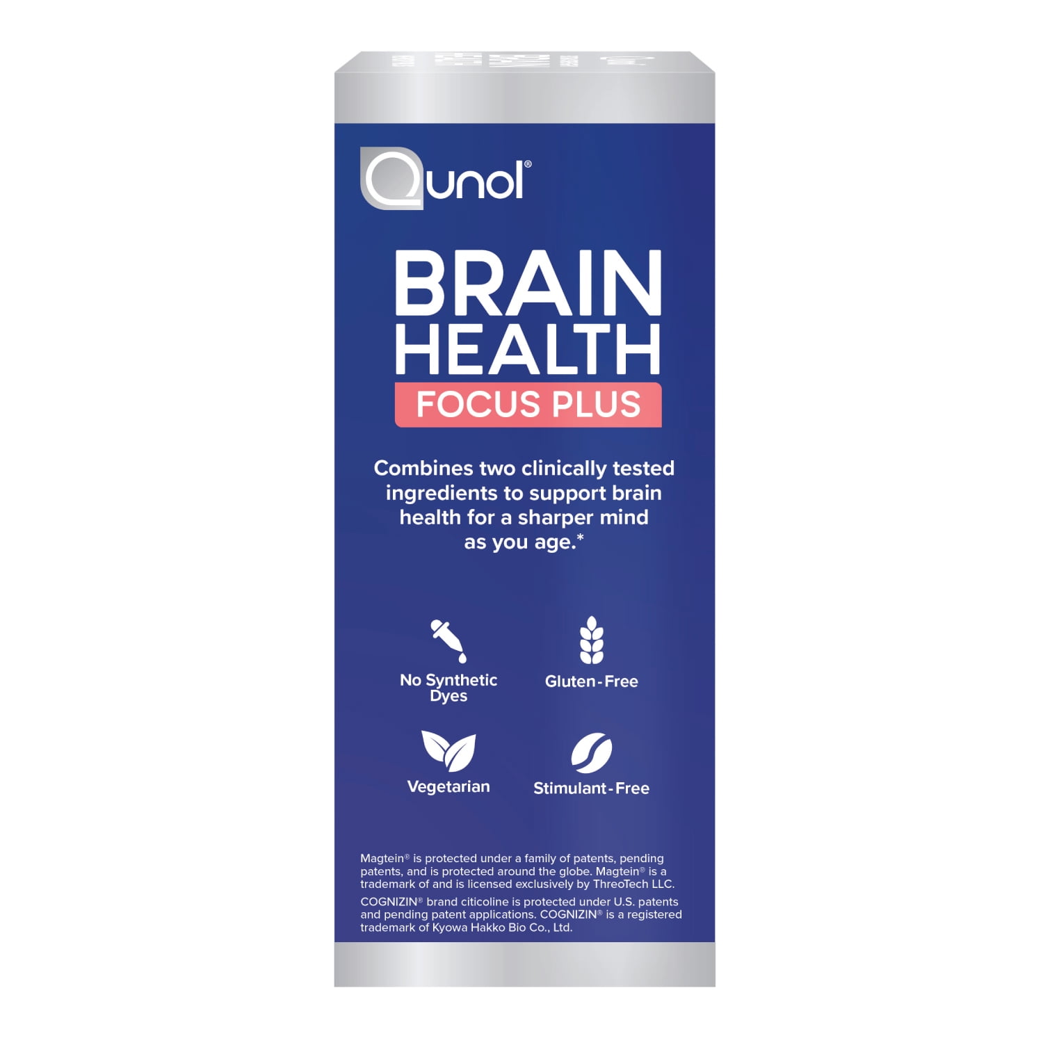 Qunol Brain Health Focus + Tablet with 1000mg Magnesium L-Threonate, 250mg Citicoline, 60ct