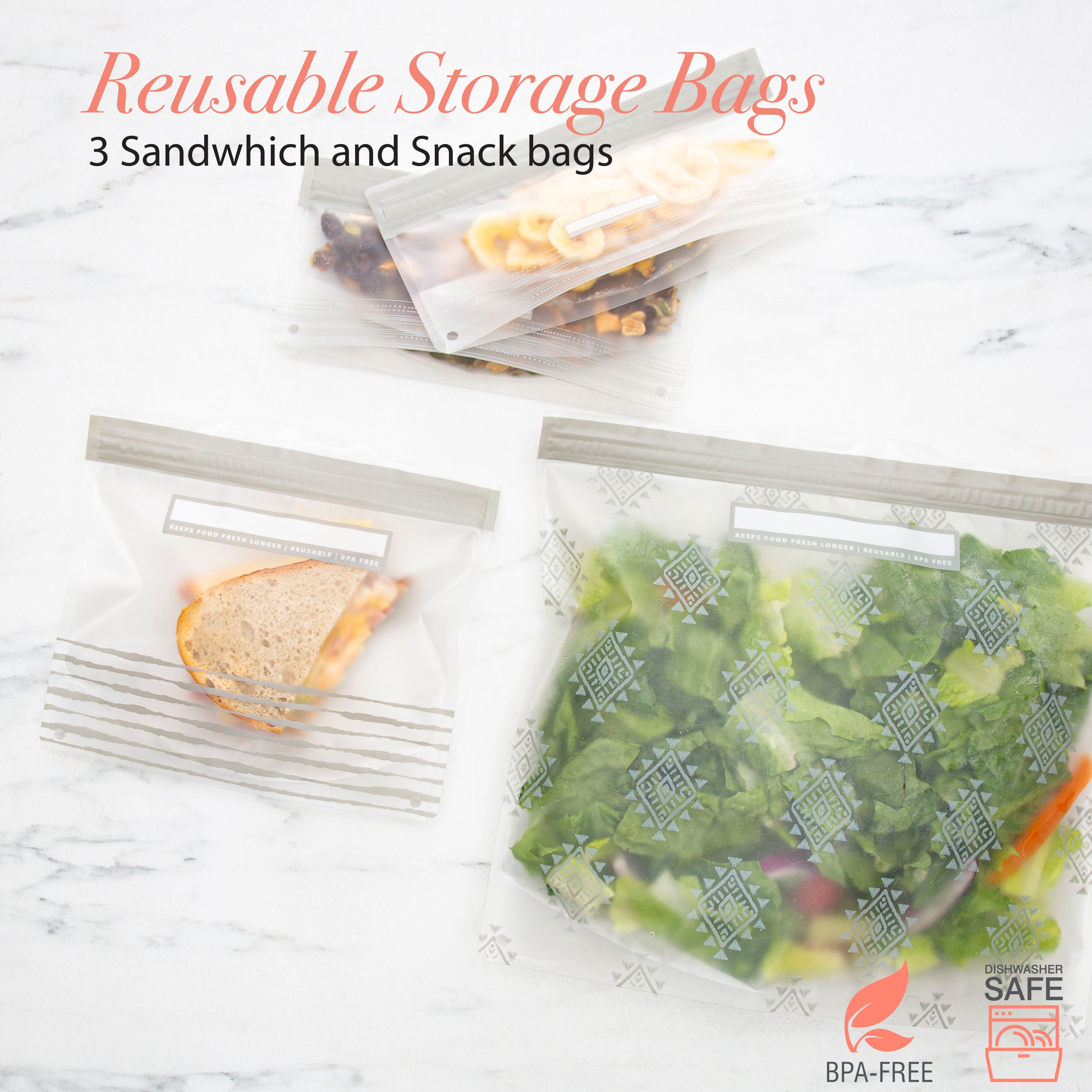 Kitchen Details 6 Piece Set Plastic Reusable Sandwich and Snack Bags, Gray