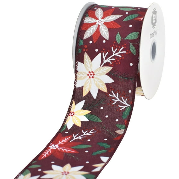 HOMEFORD Christmas Poinsettia Berry Branch Satin Wired Ribbon, 2-1/2-inch, 10-yard, Wine