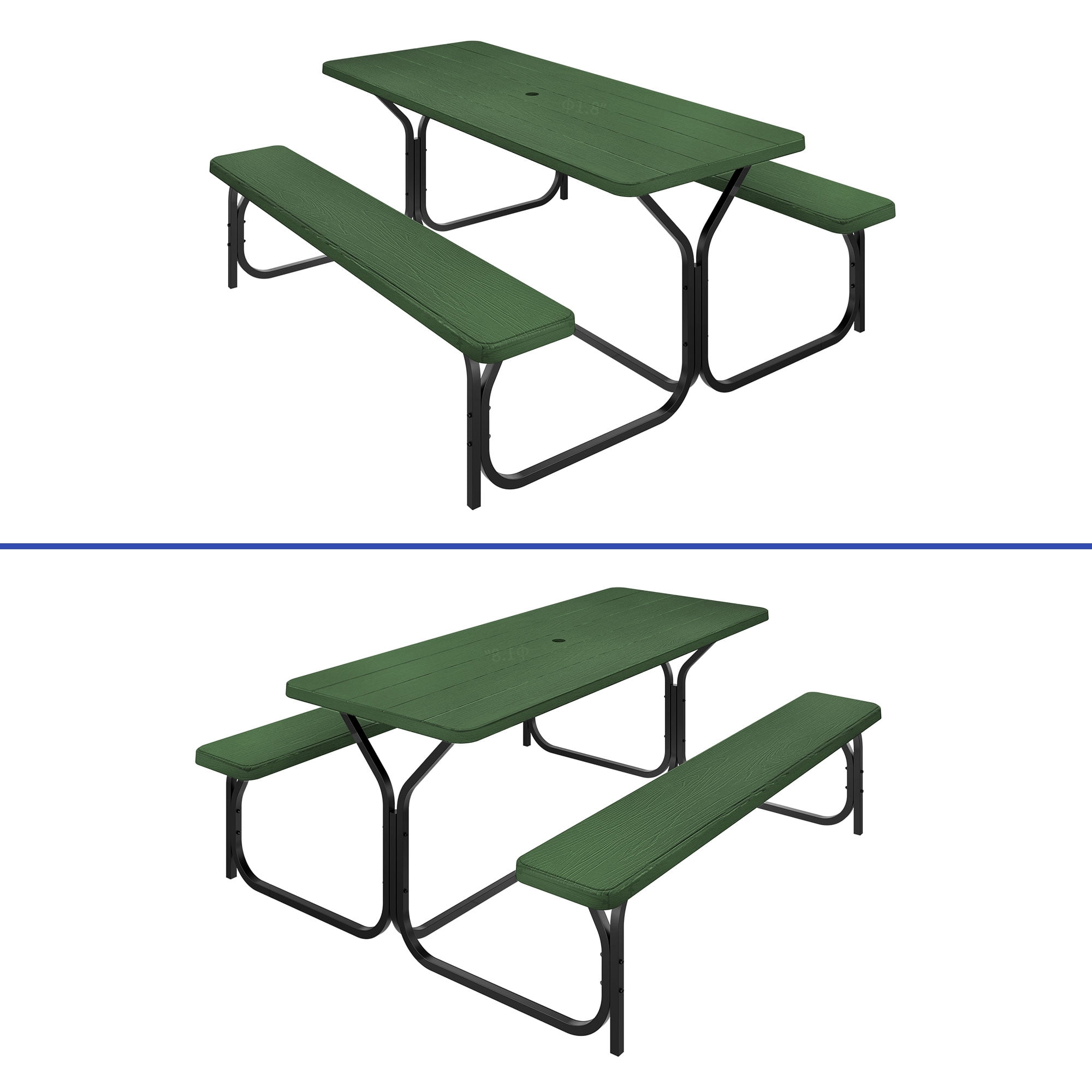 Uforic 6ft Outdoor Picnic Table Set with Benches, Sturdy Steel Frame & Wood-Grain Tabletop, Weather-Resistant w/Umbrella Hole, Green