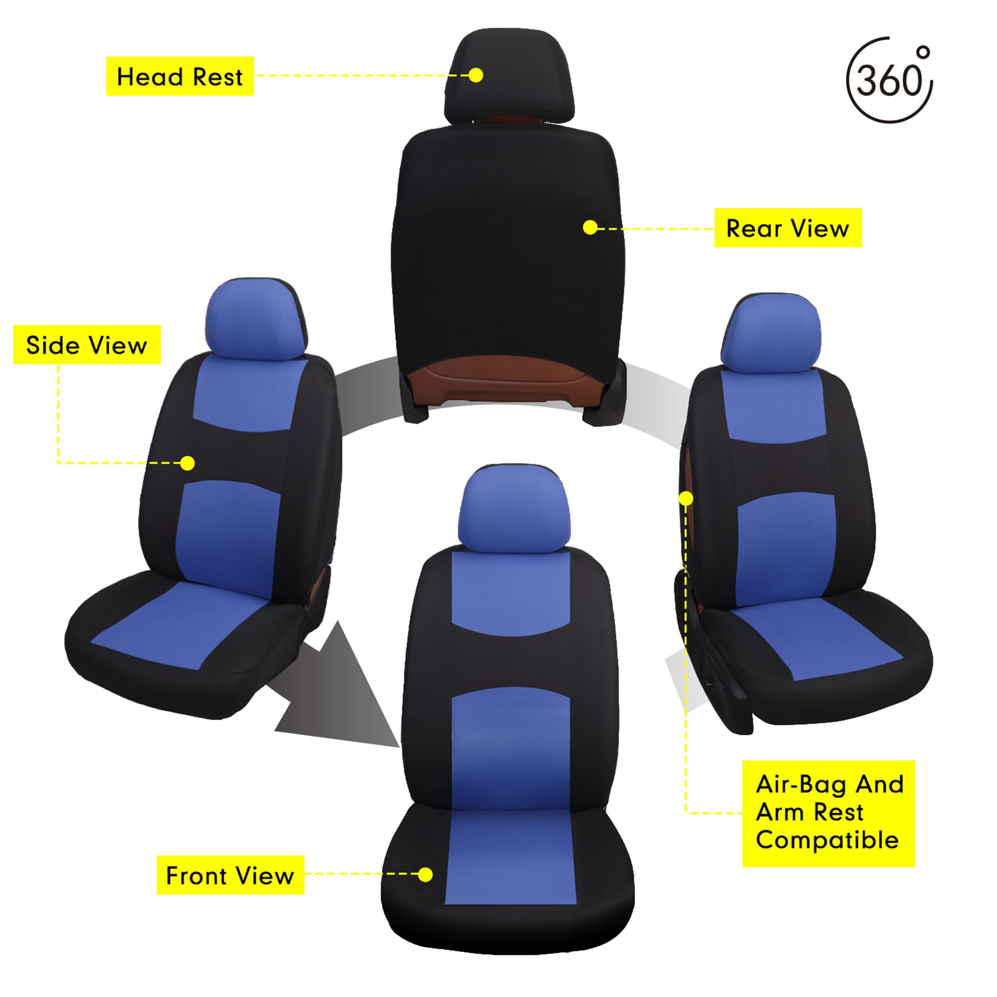 Universal Front Seat Covers for Cars, SUVs, Trucks, Black-Blue Trim, Anti-Wear Car Seat Protector for 2 Seats, All-Season Full Surround Design