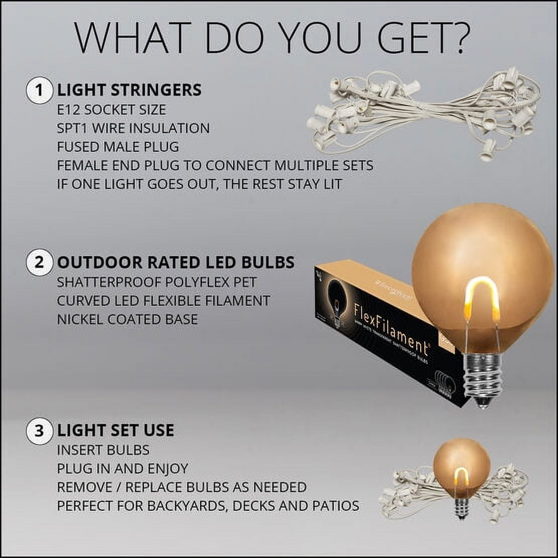 Wintergreen Lighting FlexFilament Edison Bulb Shatterproof G50 Outdoor String Lights, 25 ft White Wire, 25 Lights