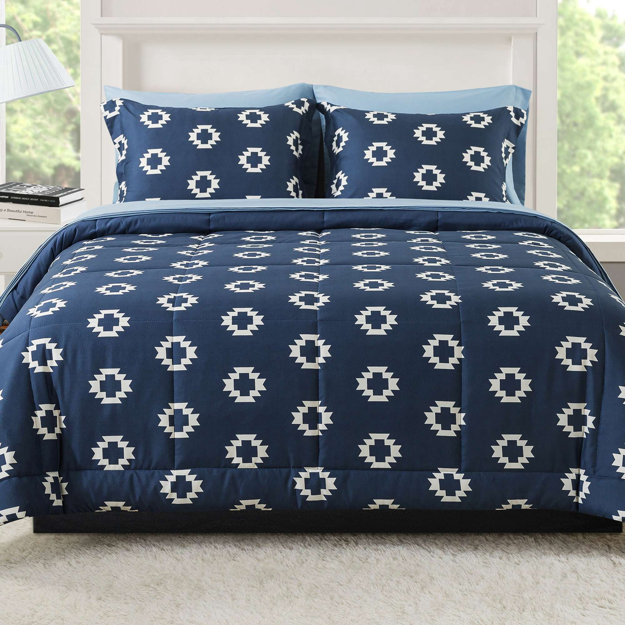 Mainstays All in One Reversible Comforter and Sheet Set, 7-Piece, Queen, Navy Geo