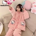 thumbnail image 2 of Sanrio-Conjunto de pijama de franela para mujer, cárdigan rosa de felpa, Tops con botones, pantalones, traje Y2k Kawaii, ropa de casa, invierno, Hello Kitty, 2 piezas, 2 of 5