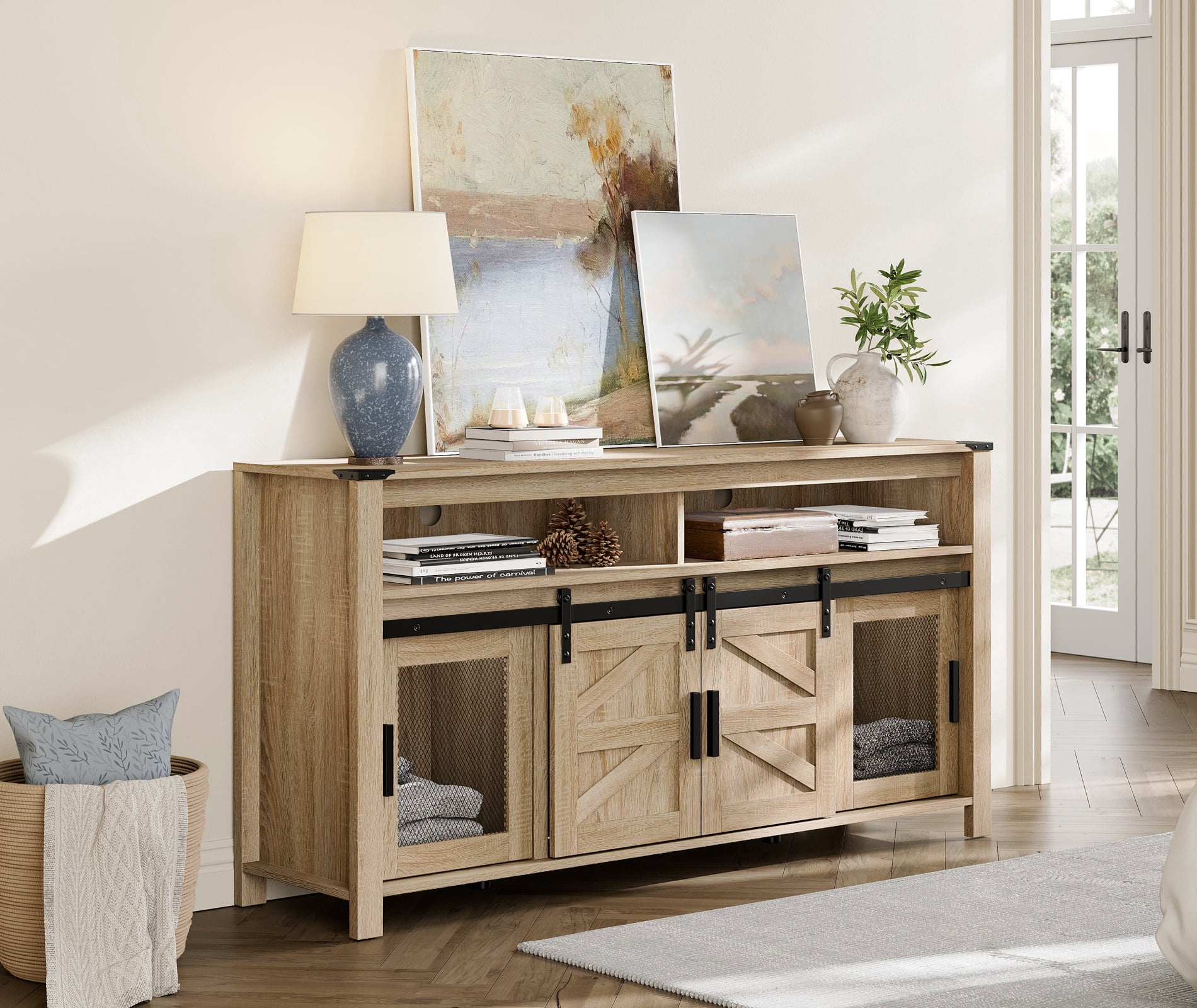 WAMPAT Farmhouse TV Stand for 65 Inch TV, Light Oak Entertainment Center with Sliding Barn Doors and Mesh Doors, Tall Media Console with Open Storage Space for Living Room, 59x15.4x31