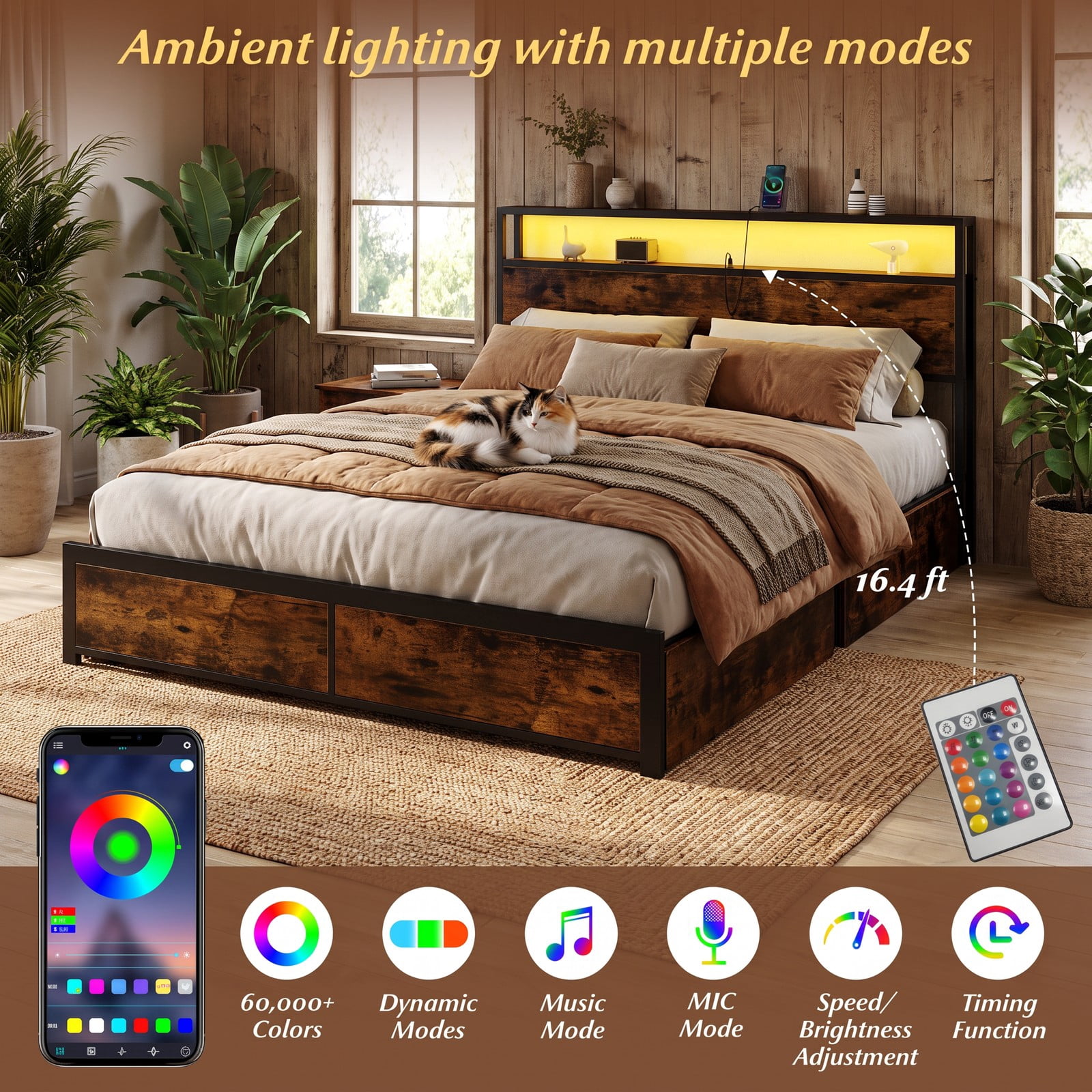 Furnibear Queen Size Bed Frame with 4 Storage Drawers, Metal LED Platform Bed with Charging Station and 2-Tier Headboard, Rustic Brown