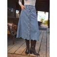 thumbnail image 2 of Womens Light Wash High Waist Scalloped Button-Front Denim A-Line Midi Skirt, 2 of 30