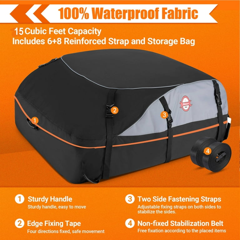 Car Roof Bag 100% Waterproof Rooftop Cargo Carrier, 16 Cu ft Car Luggage Storage Bag, Soft Sided Car Top Carrier Bag Black, Orange, Size: 15Cubic