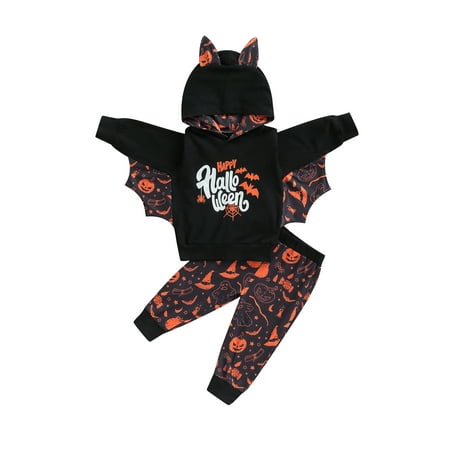 

Jkerther Toddler Kids Boys Halloween Outfits Little Girl Bat Costume Hooded Long Sleeve Sweatshirt Elastic Pants 2Pcs Set