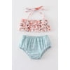 Coral floral print ruffle girl swimsuit