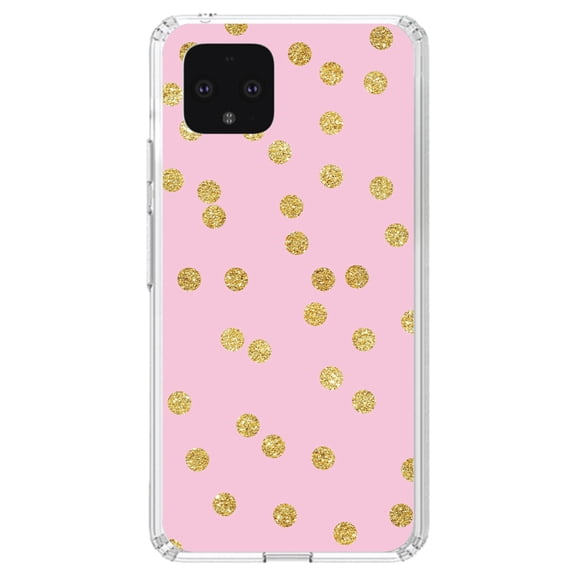 DistinctInk Clear Shockproof Hybrid Case for Google Pixel 4 (5.7" Screen) - TPU Bumper, Acrylic Back, Tempered Glass Screen Protector - Pink & Gold Print - Polka Dots Pattern