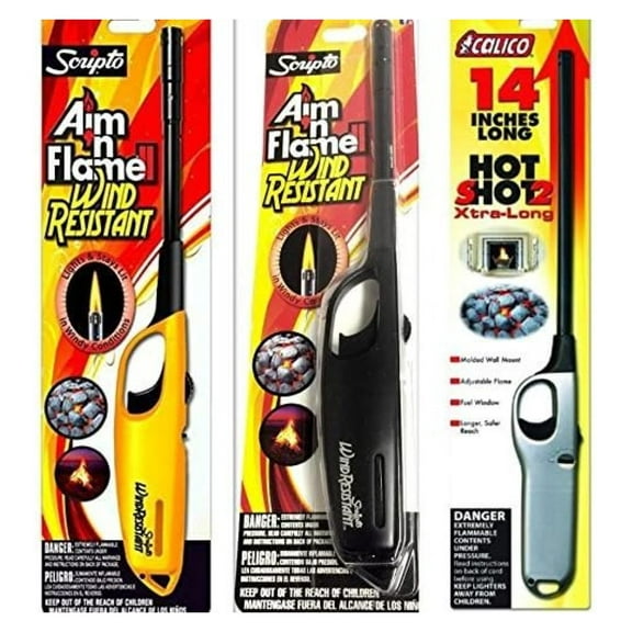 3 Pack - 2 Pack Scripto Multi Purpose Wind Resistant Lighter (Assorted Color)   1 Pack Calico Hot Shot 2 Xtra Long Camping Grilling Home, Adjustable Flame