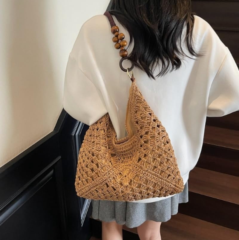 Large Bohemian Handmade Crochet Shoulder Bag – Women’s Summer Straw Woven Tote for Beach, Travel, Casual