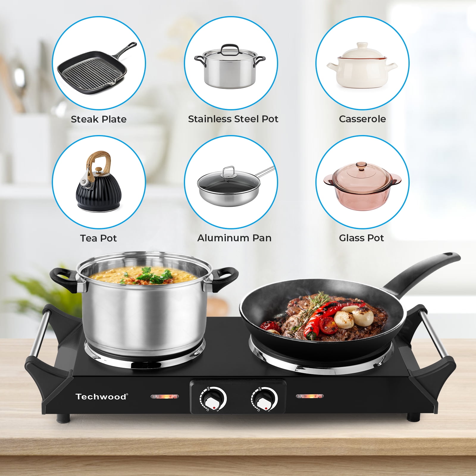 Hot Plate, Techwood 1800W Portable Electric Stove for Cooking Countertop  Dual Burners with Adjustable Temperature & Handles, 7.5” Cooktop for