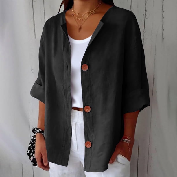 TaTaai Women's Summer Cardigan Top V-Neck Long Sleeve Linen Cotton Blend Button Front Loose Fit Casual Blouse Gift