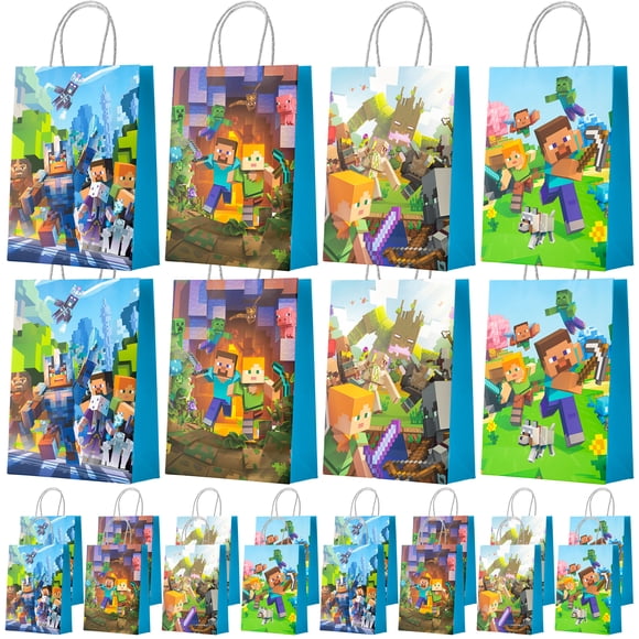 Minecraft Fournitures de Fête, 16 Pcs Sacs-Cadeaux Minecraft Sacs de Fête Pixel Game pour Garçons/filles Enfants Pixel Game Décorations de Fête d'Anniversaire Fournitures